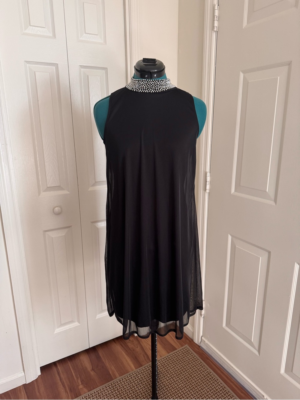 Black Sleeveless Mock-Neck Dress with Embellished Collar